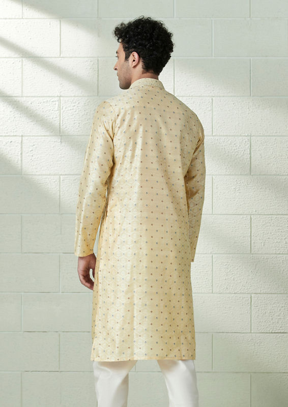 Twamev Men Buttermilk Yellow Brocade Kurta Set