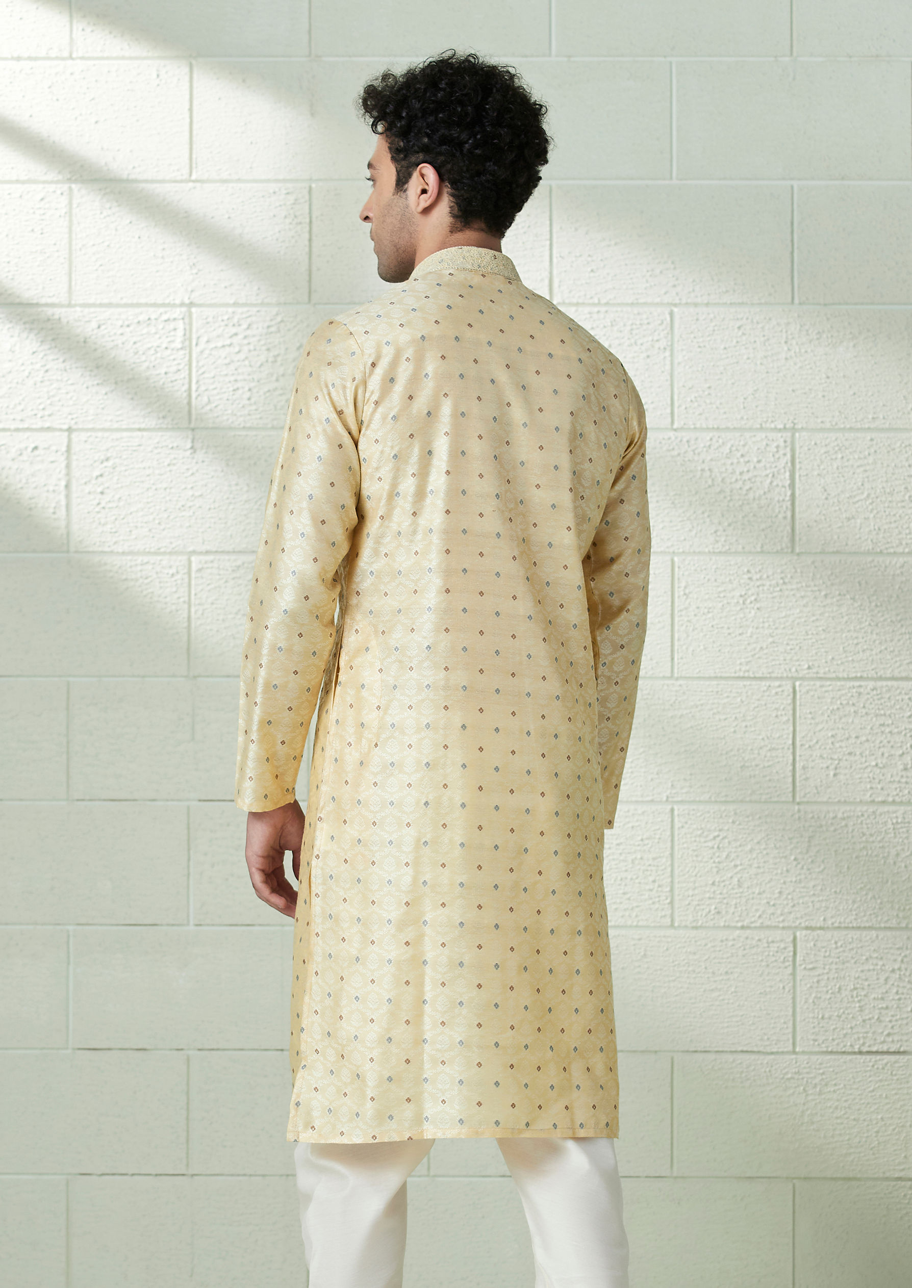 Twamev Men Buttermilk Yellow Brocade Kurta Set