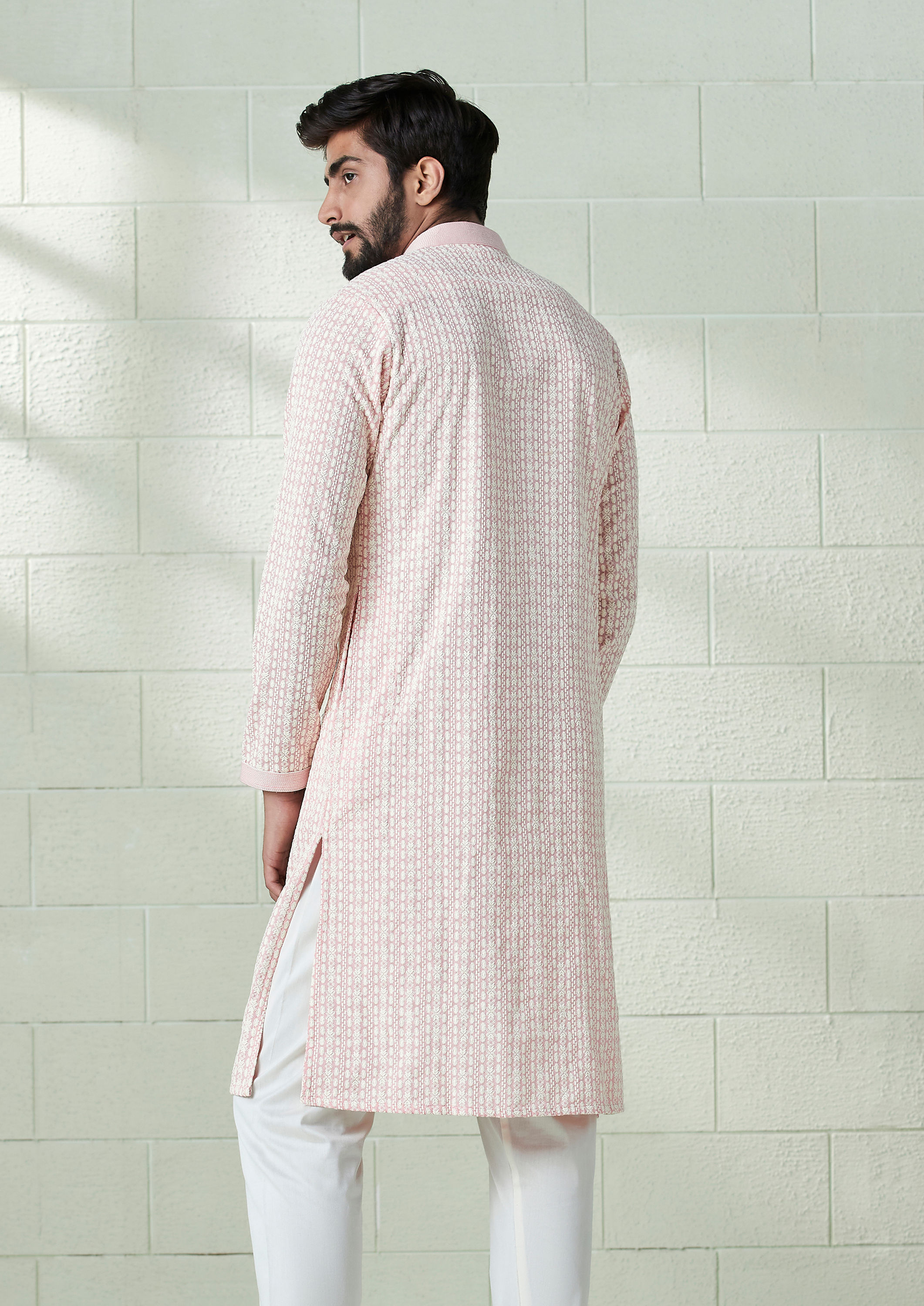 Twamev Men Rosewater Pink Embroidered Kurta Set