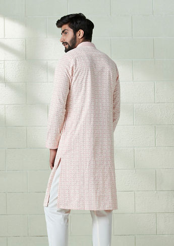 alt message - Twamev Men Rosewater Pink Embroidered Kurta Set image number 3