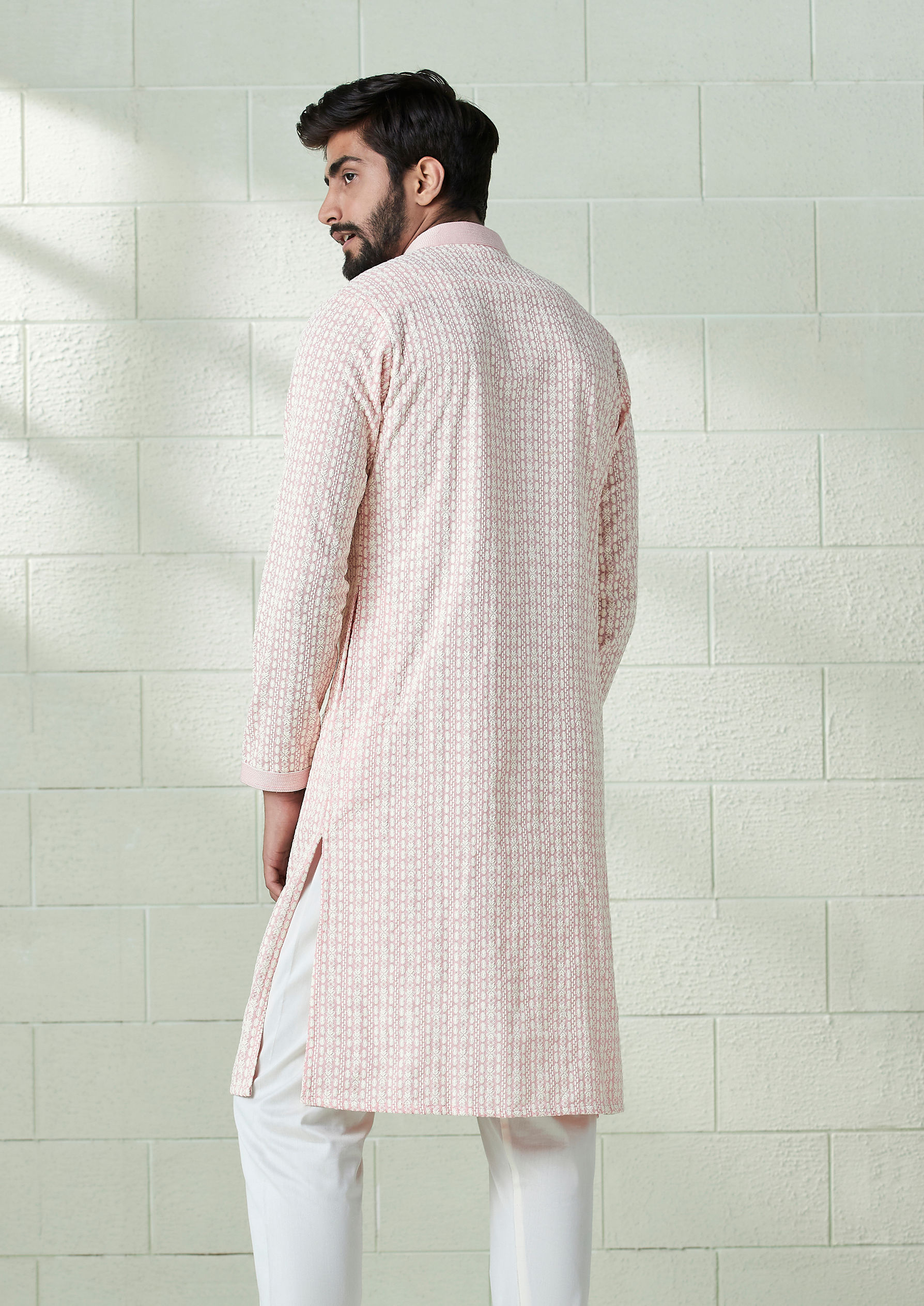 Twamev Men Rosewater Pink Embroidered Kurta Set