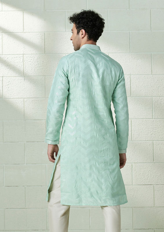 Twamev Men Seafoam Green Chevron Patterned Kurta Set