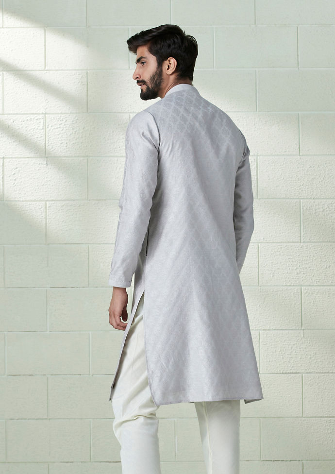 Twamev Men Cloud Silver Grey Self Pattern Kurta Set