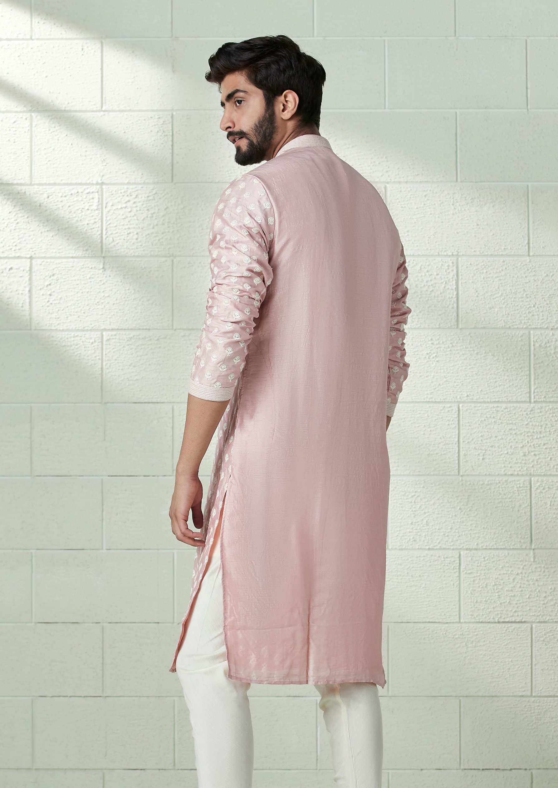 Twamev Men Carnation Pink Floral Motif Kurta Set