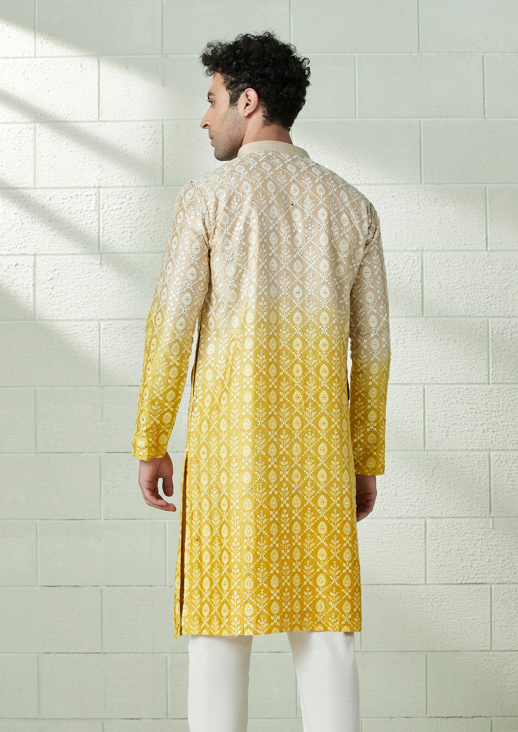 Twamev Men Beige and Yellow Ombre Effect Mirror Work Kurta Set