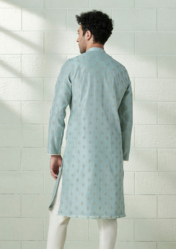 Twamev Men Light Teal Angrakha Style Kurta Set