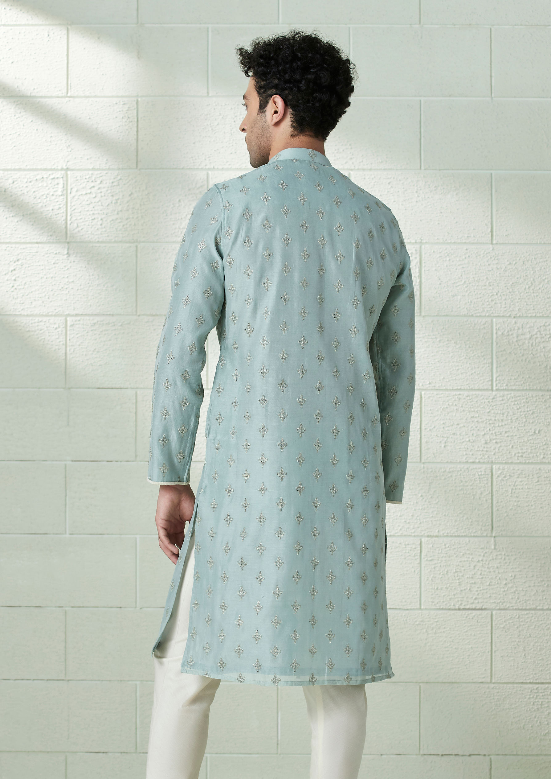 Twamev Men Light Teal Angrakha Style Kurta Set image number 3