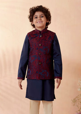Boys Wine And Navy Blue Kurta Jacket Set image number 4