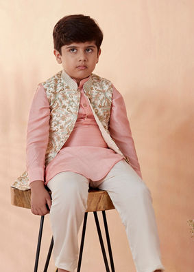Boys Cream Jacket With Peach Kurta Set image number 4