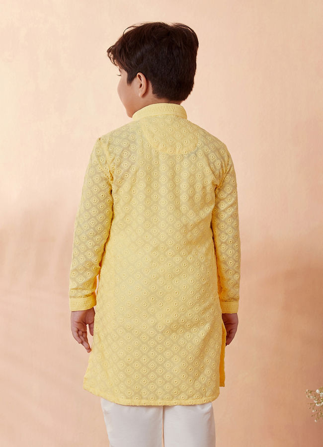 Manyavar Boys Boys Light Yellow Chikan Kurta Set