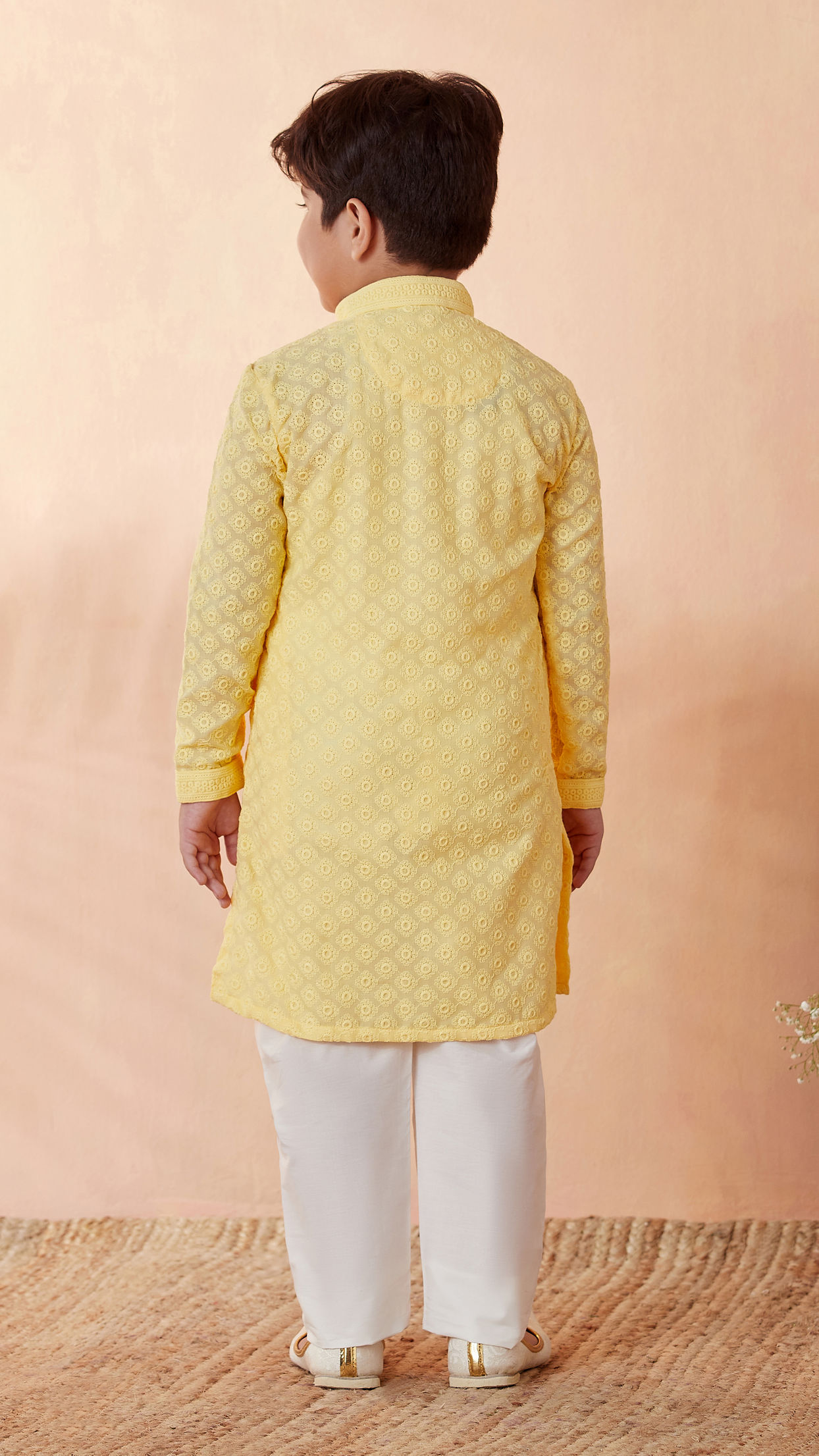 alt message - Manyavar Boys Boys Light Yellow Chikan Kurta Set image number 2