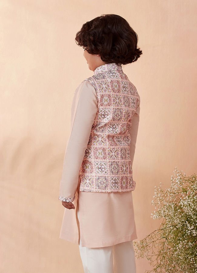 Manyavar Boys Boys Pink Chikan Kurta Jacket Set