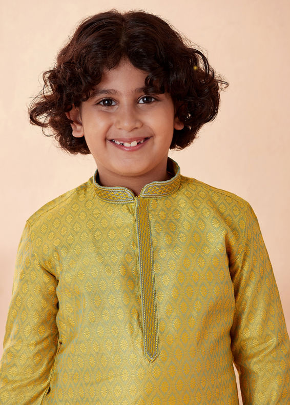 Manyavar Boys Boys Yellow Jacquard Kurta Set