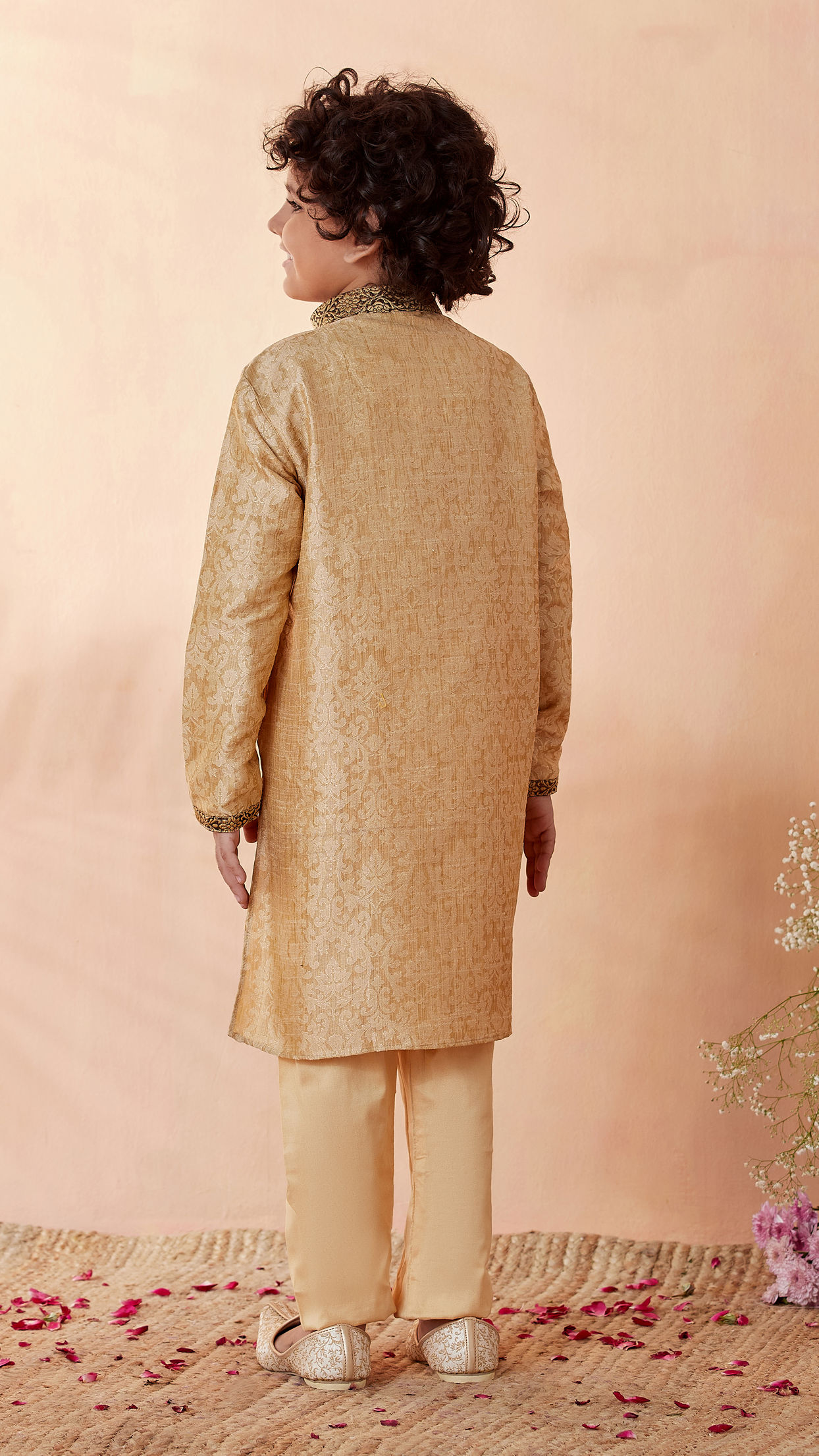 Boys Beige Jacquard Kurta Set image number 2