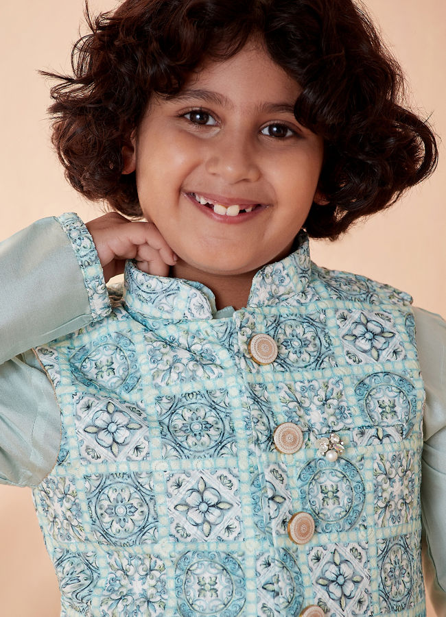 Boys Sea Green Chikan Kurta Jacket Set image number 0