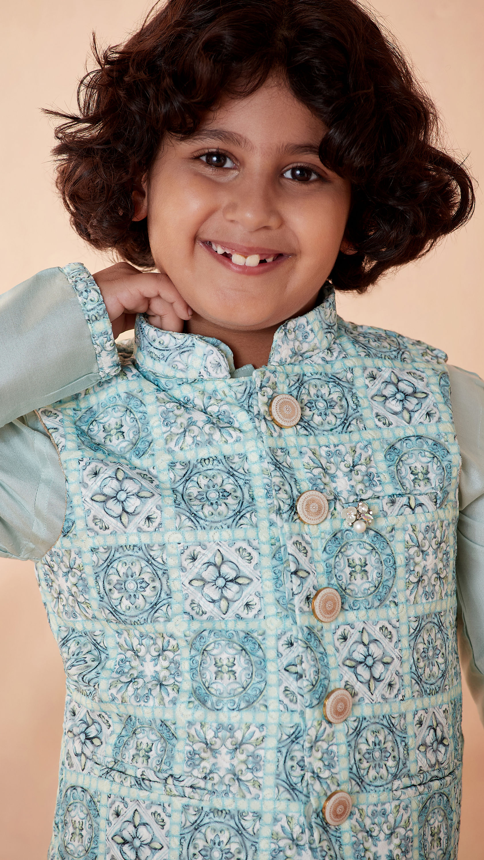 Manyavar Boys Boys Sea Green Chikan Kurta Jacket Set