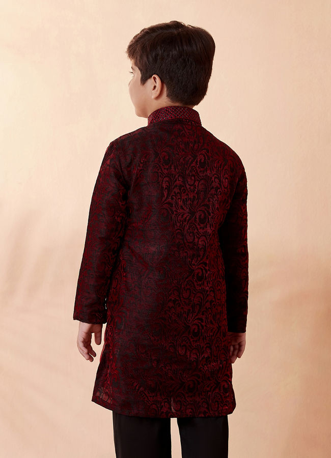 Boys Wine Jacquard Kurta Set image number 2