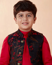 Manyavar Boys Boys Red And Blue Kurta Jacket Set
