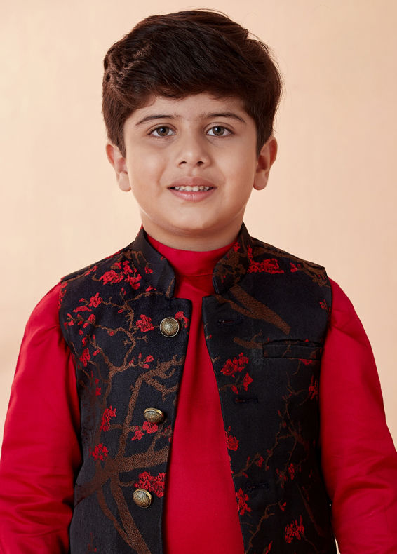 Manyavar Boys Boys Red And Blue Kurta Jacket Set