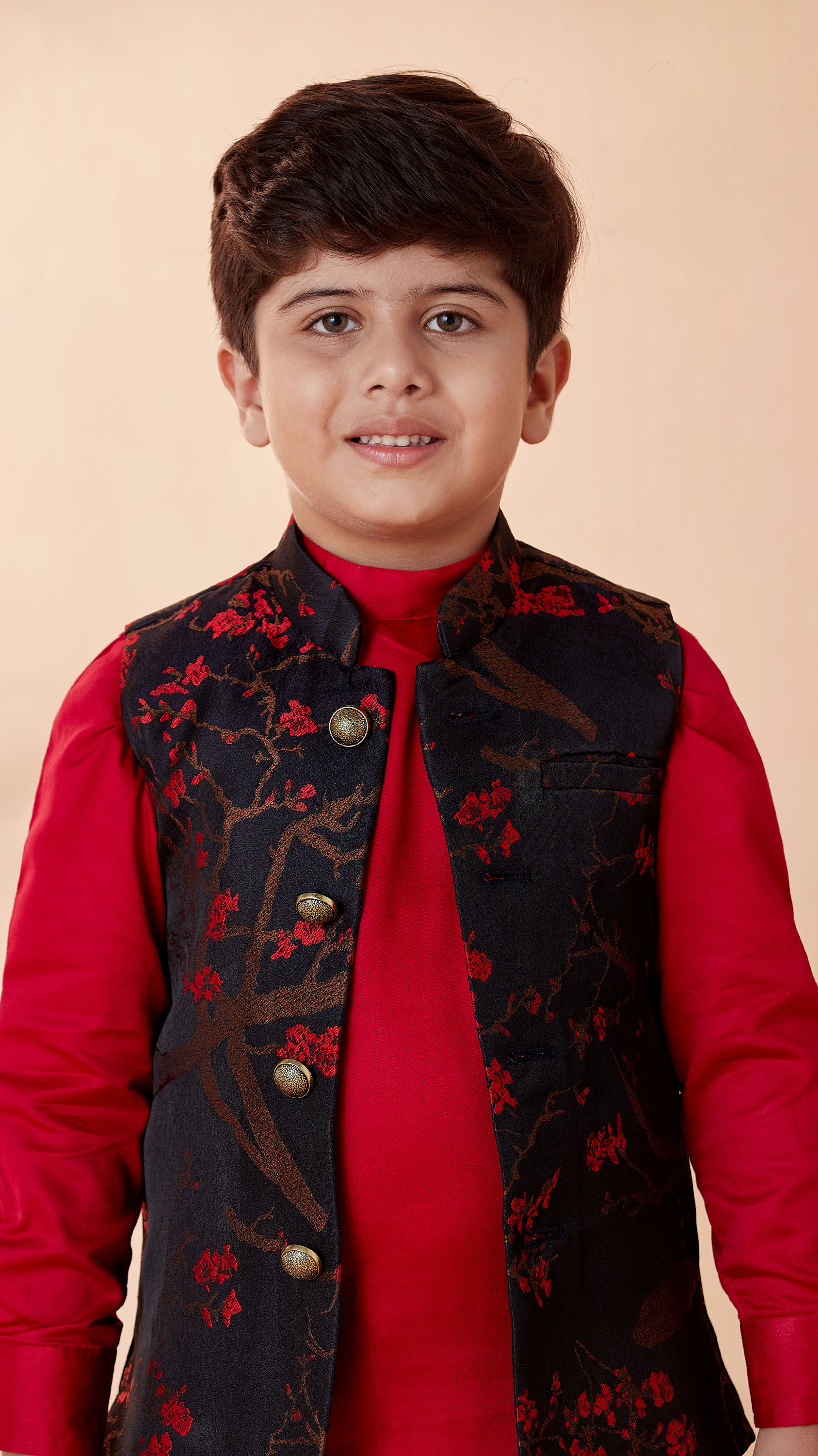 Manyavar Boys Boys Red And Blue Kurta Jacket Set