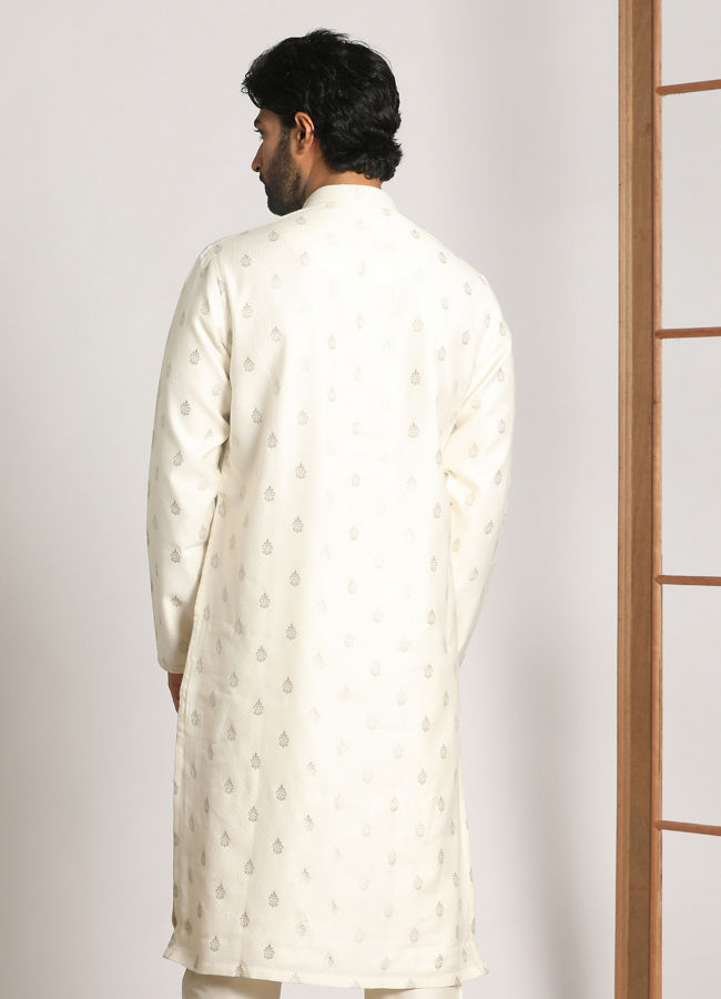 alt message - Manyavar Men Pearl White Kurta Jacket With Printed Motifs image number 3