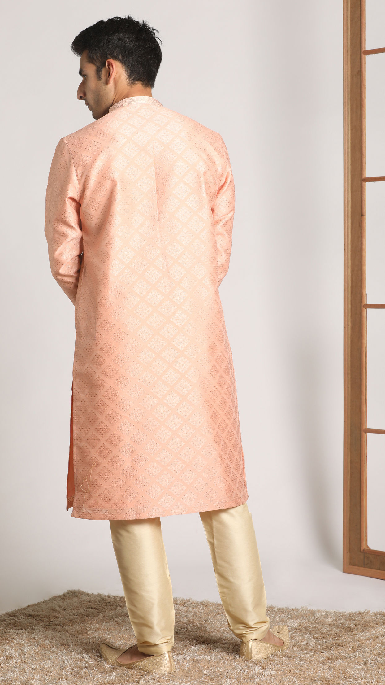 Manyavar Men Salmon Pink Jacquard Kurta Pajama Set
