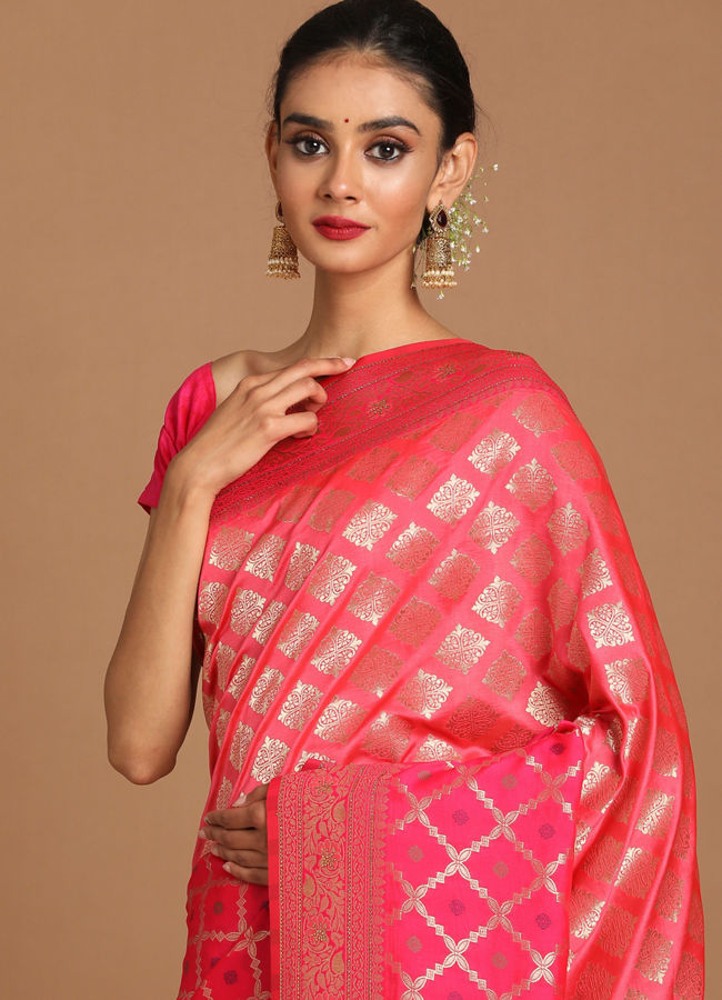 Multicolor Yellow Rani Pink Saree with Ethnic Temple & Paisley Digital Print