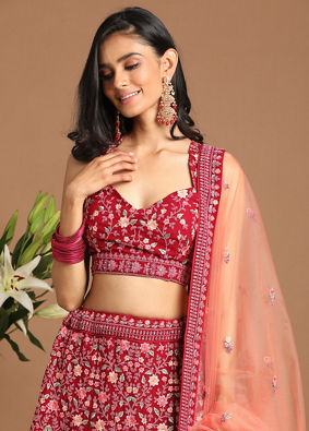 Mohey Women Georgette Wine Red Lehenga image number 1