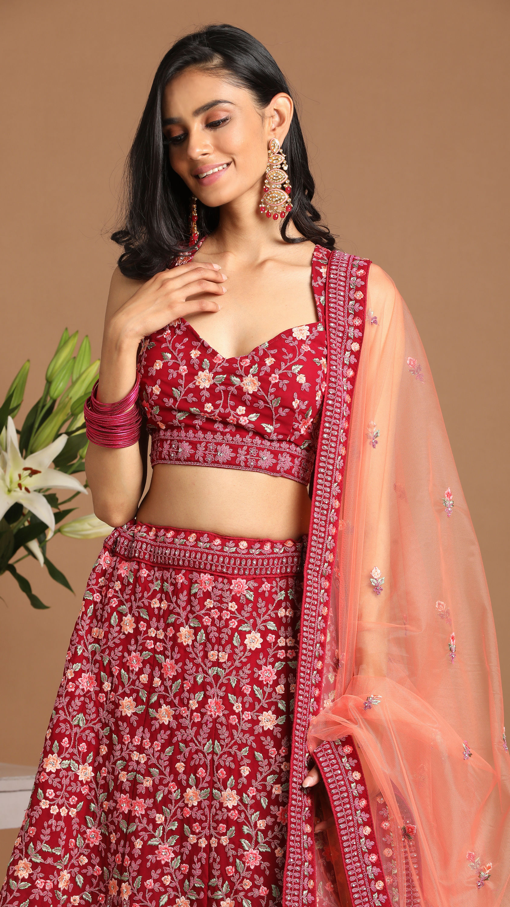 Mohey Women Georgette Wine Red Lehenga