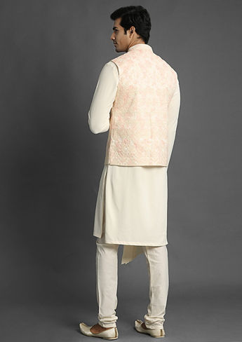 alt message - Twamev Men Classic Cream and Rani Combination Kurta Jacket Set image number 3