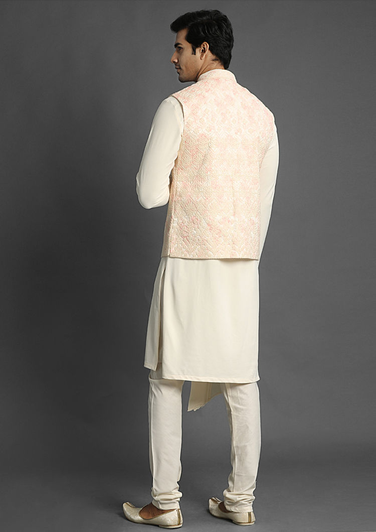 alt message - Twamev Men Classic Cream and Rani Combination Kurta Jacket Set image number 3