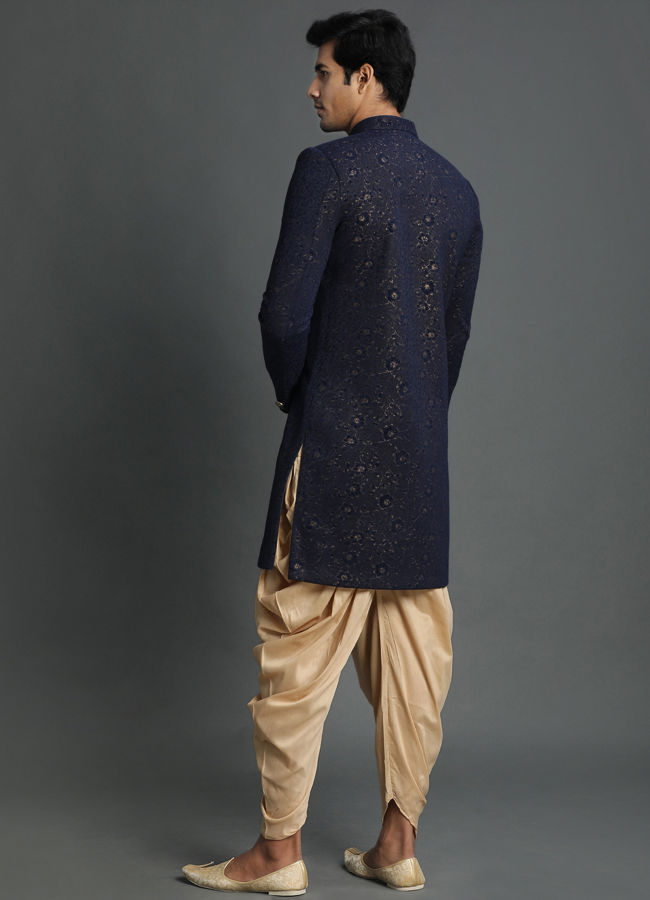 Boys Indo-western Dark Blue with Golden Print and Golden Lower main image 1