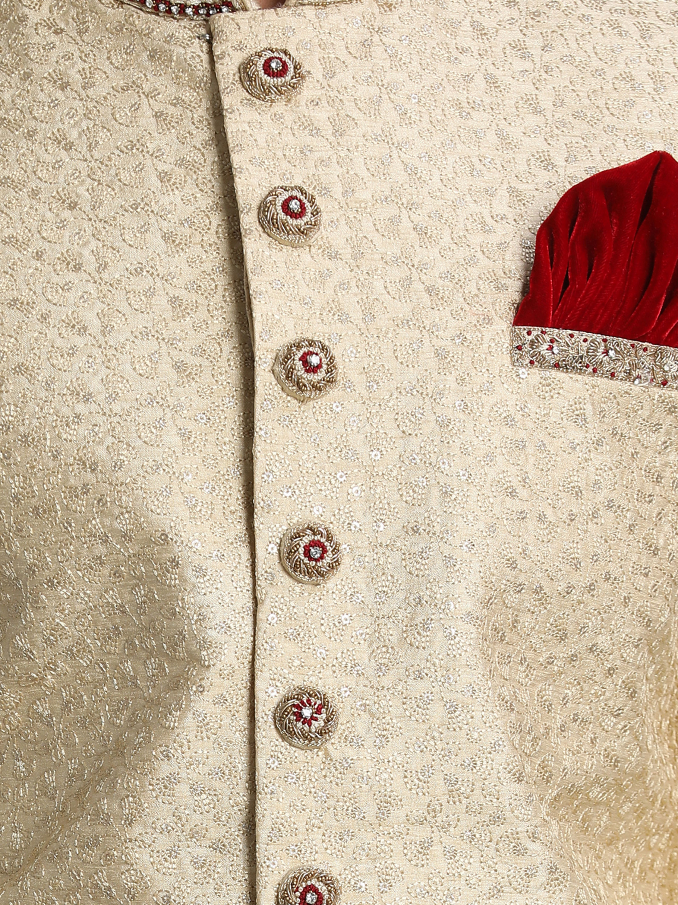 Manyavar Men Beige Sherwani Suit With Bold Zardozi Work