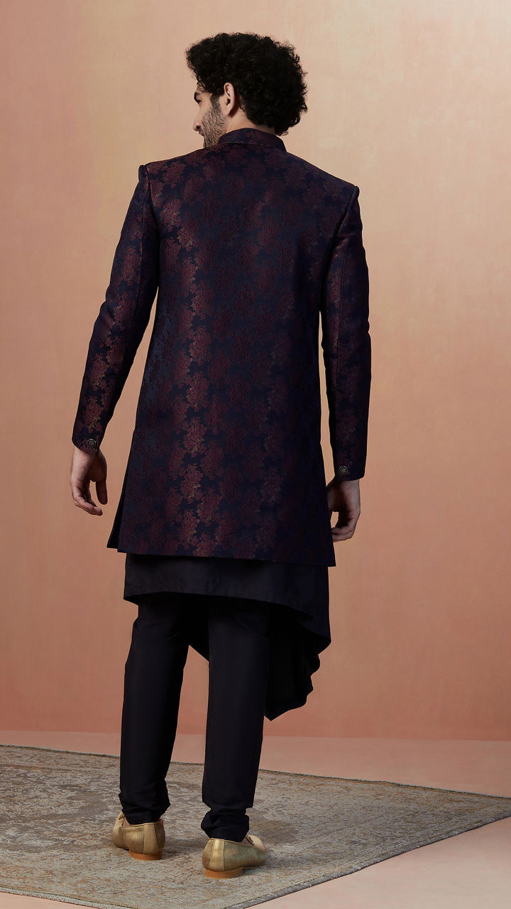 Manyavar Men Dark Blue And Maroon Self Design Draped Indo Western