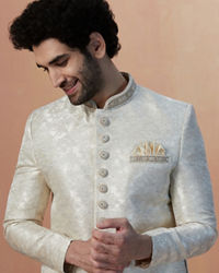 Manyavar Men Light Cream Self Design Sherwani