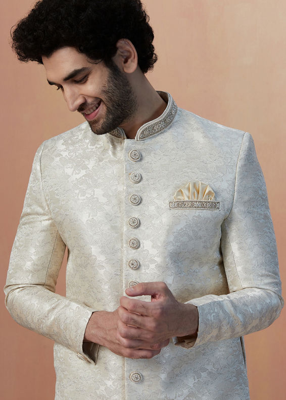Manyavar Men Light Cream Self Design Sherwani