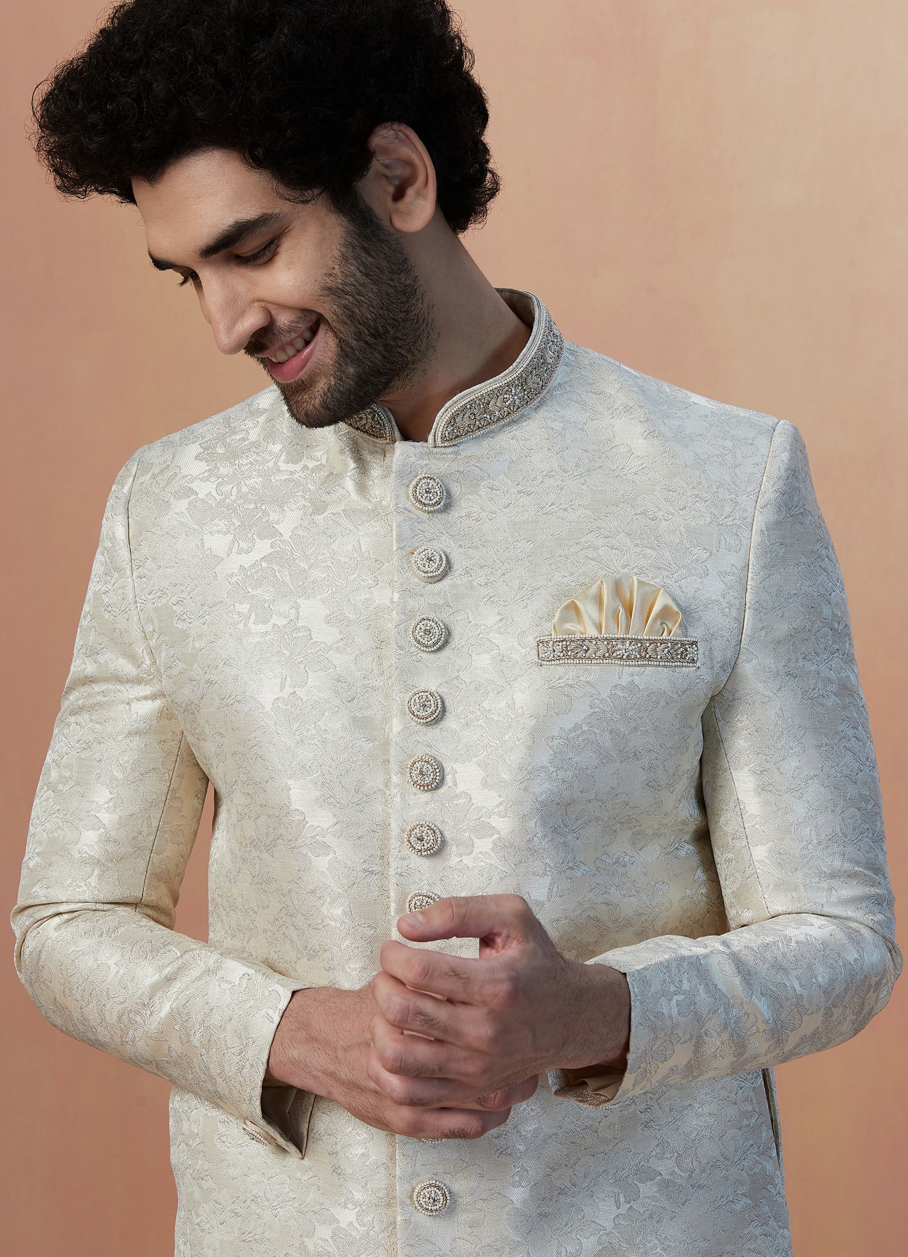 Manyavar Men Light Cream Self Design Sherwani