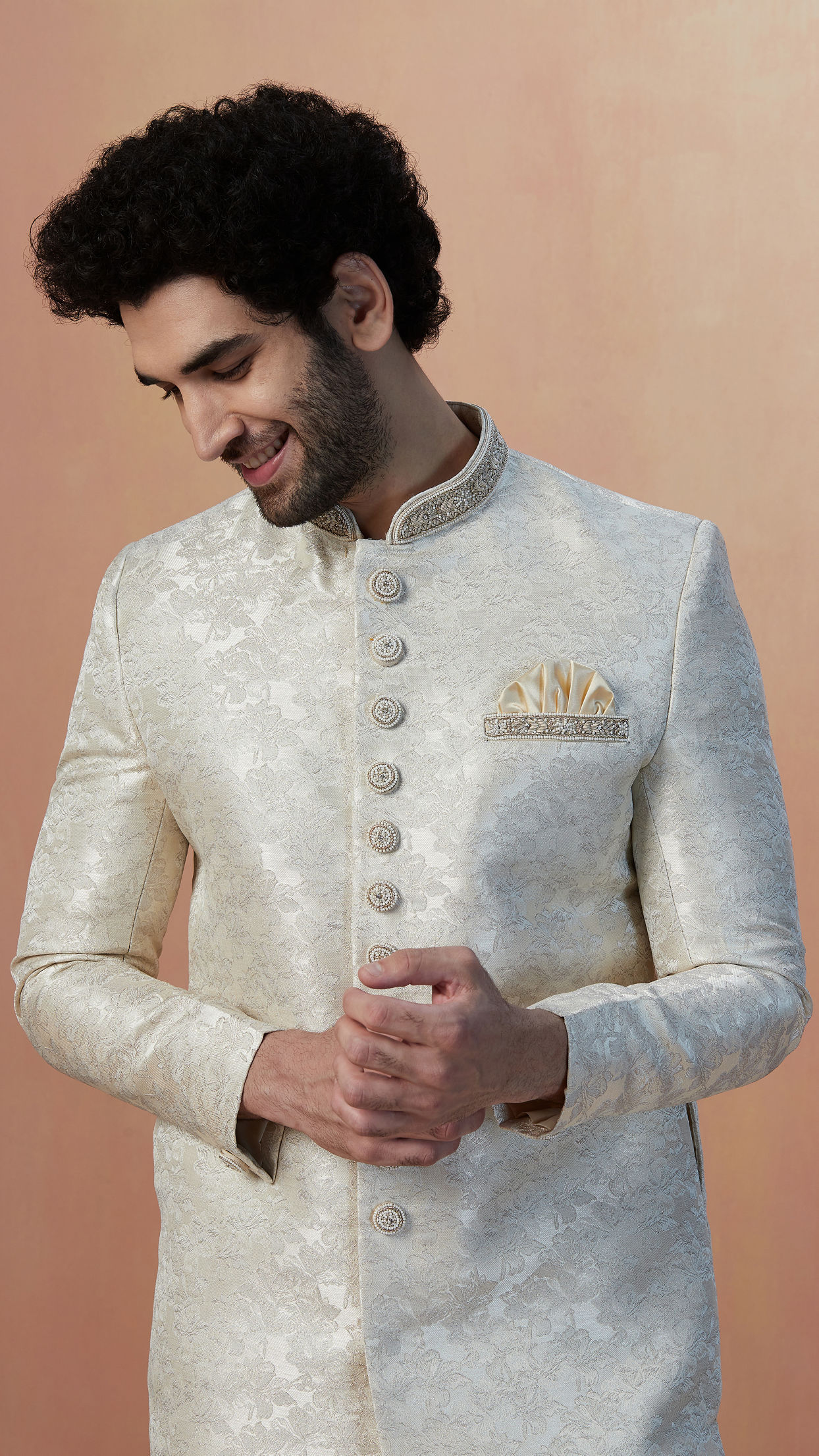 alt message - Manyavar Men Light Cream Self Design Sherwani image number 0