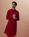 alt message - Manyavar Men Black Paisley Jacket With Red Draped Kurta Set image number 1