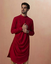 Manyavar Men Black Paisley Jacket With Red Draped Kurta Set
