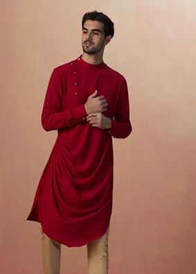 alt message - Manyavar Men Black Paisley Jacket With Red Draped Kurta Set image number 1