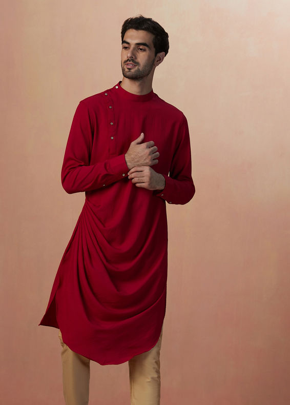 Manyavar Men Black Paisley Jacket With Red Draped Kurta Set