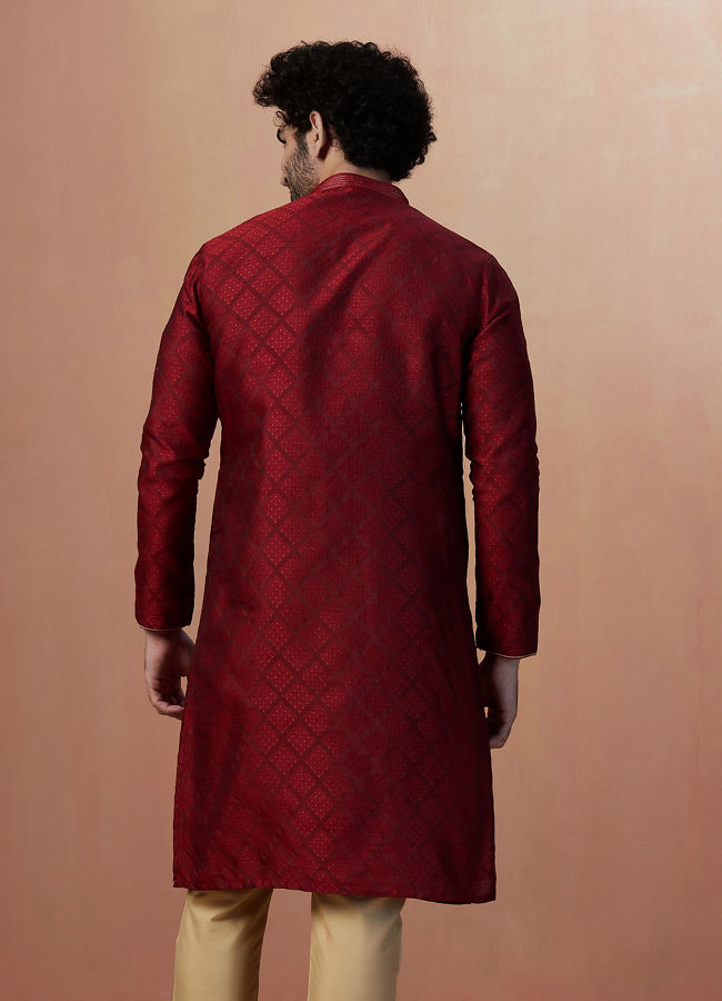 Manyavar Men Merlot Red Jacquard Kurta Pajama