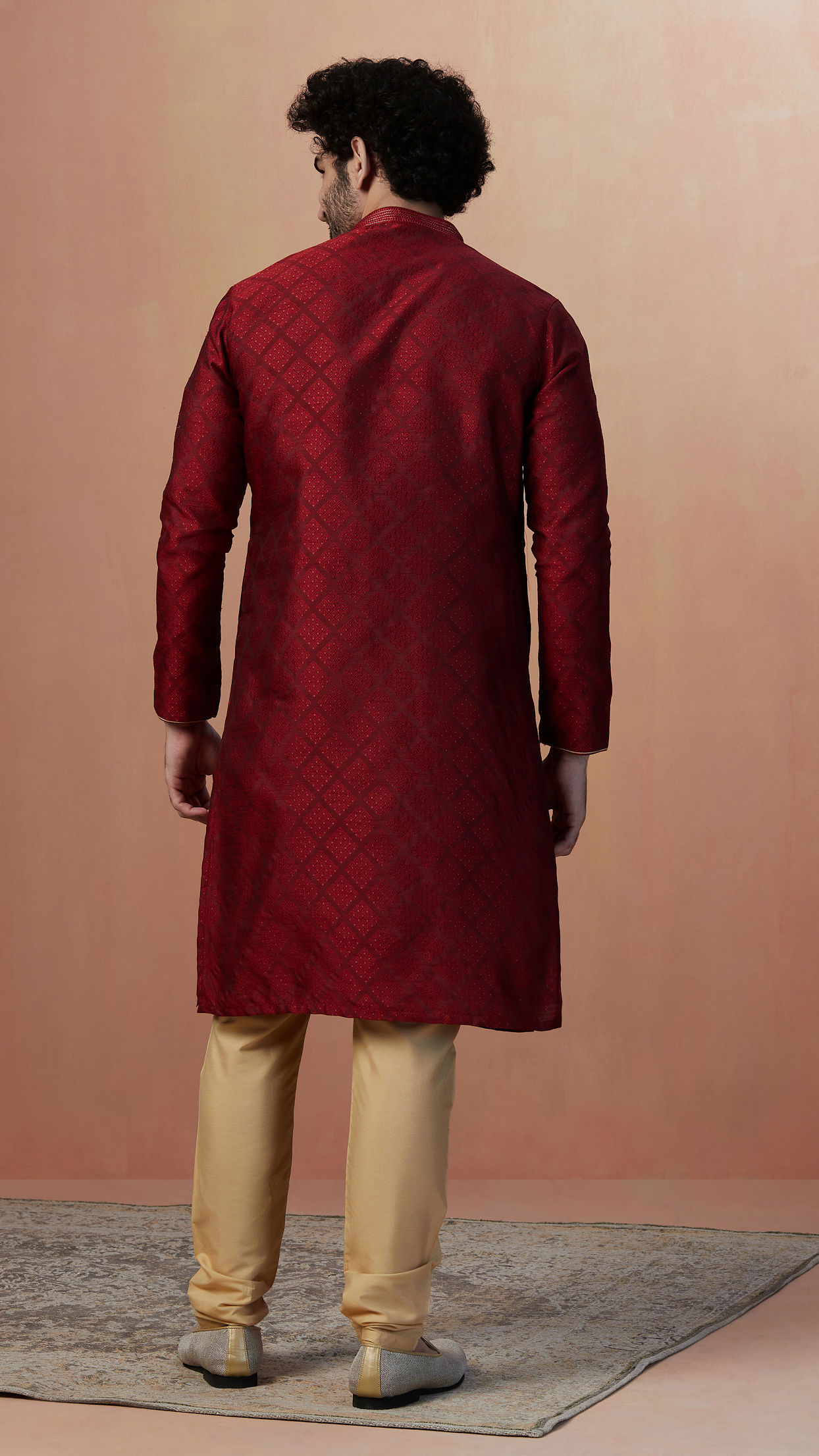 Manyavar Men Merlot Red Jacquard Kurta Pajama