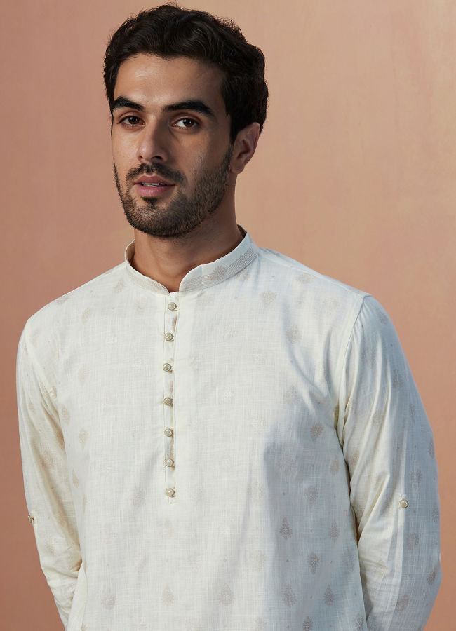 alt message - Manyavar Men White Self Printed Short Kurta image number 0