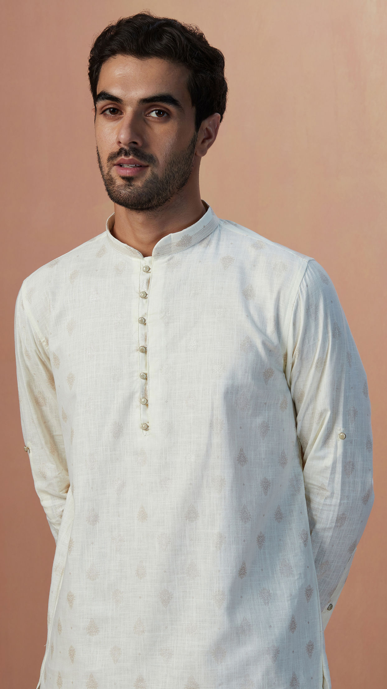 alt message - Manyavar Men White Self Printed Short Kurta image number 0