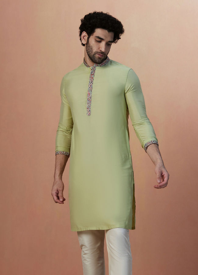 alt message - Manyavar Men Multicolored Jacket With Lime Green Kurta Set image number 2