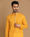 alt message - Manyavar Men Orange Striped Casual Kurta Set image number 0