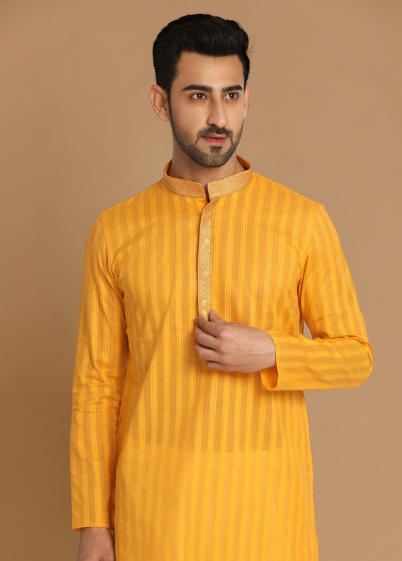 Manyavar Men Orange Striped Casual Kurta Set