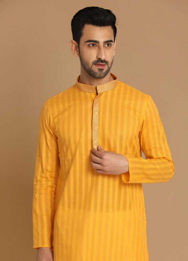 Manyavar Men Orange Striped Casual Kurta Set